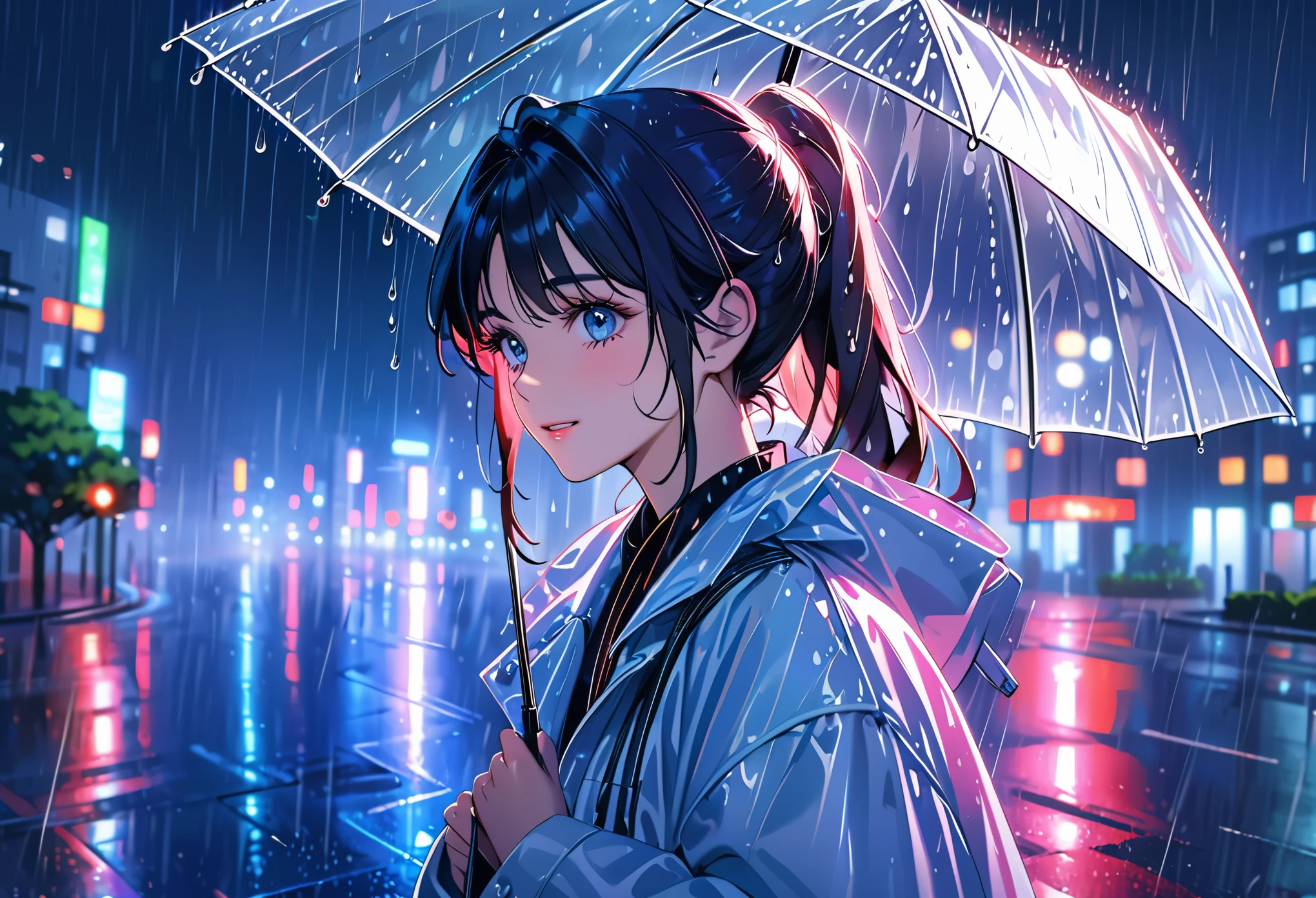 One girl,City of night,rain,coat,Put your hands in your pockets,rainbow colored raincoat,dance in the rain,best quality, highres, ultra-detailed, realistic:1.37, Close to cold colors,reduce saturation, portrait, soft lighting, long eyelashes, sparkling eyes, glossy lips, detailed skin, retro pattern, pastel colors, ((smile while crying1.2)), ((shedding tears:2.0),, ((sad look:1.8)),, dreamy atmosphere, elegant pose, nostalgic vibes, glittering highlights, flawless complexion, 80s style fashion, retro hairdo, pink blush, delicate features, diamond-like eyes,((rain squall:2.8)),((intersection))((high rise residential building Dark city silhouette background:2.0))