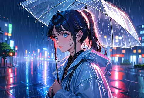 One girl,City of night,rain,coat,Put your hands in your pockets,rainbow colored raincoat,dance in the rain,best quality, highres...