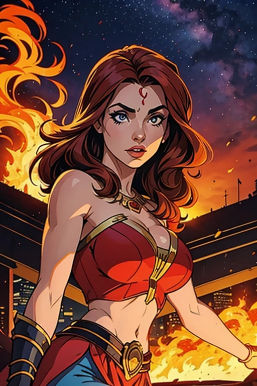 Woman,lina, shorth hair, flying over the city, fire, red glow
