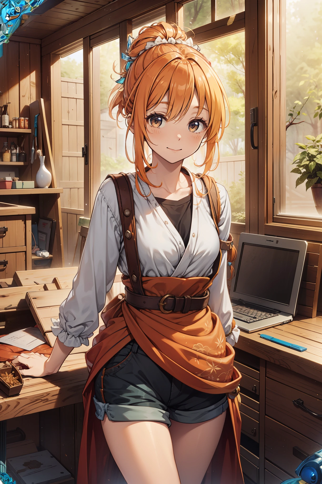 (Best quality, A high resolution, Textured skin, High quality, High details, Extremely detailed CG unity), (female) Enchanted，having fun，Being in love，wood worker in fantasy world, orange hair, black eyes, short braids, hair decoration, hair up, surprise face, simple clothing, shorts, female wood worker, solo person，Dazzle, woman crafting, beautiful, (in workshop), wood work, detailed woodshop scene