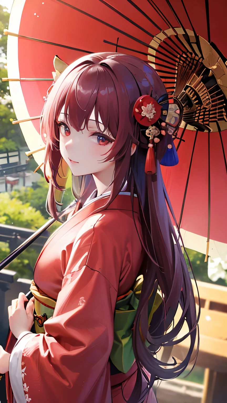 ((Best quality, 8k, Masterpiece: 1.3)), Highly detailed face and skin texture, Detailed eyes, traditional Japanese kimono, pink kimono, long-sleeved kimono, brown hair, long hair, kanzashi, from above, holding a Japanese umbrella, at a shrine in Kyoto