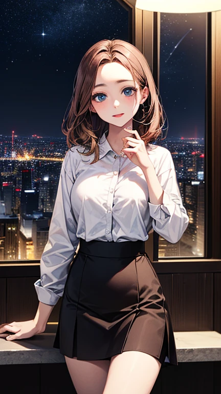 (Top quality masterpiece:1.2) Delicate illustrations, Very detailed, /Beautiful Japanese Woman、1 person,Very cute and slim、Excellent style 、((8K images、super high quality))、Very delicate face, Beautiful forehead、Beautiful thighs、Deep red lipstick,(((((Middle Hair、Brown Hair、Blonde hair))))),very cute、Kind eyes,(White shirt、skirt)、starry skies、Tokyo night view、Cafe、Date