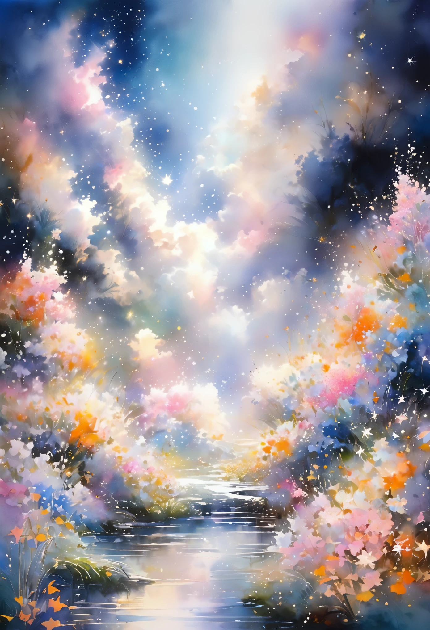 up-and-coming works of art, fusion of watercolor and oil painting, best quality, super fine, 16k, delicate and dynamic beautiful depiction, flower garden blooming in outer space, white, pink, orange, river of small stars, river of small stars flowing, mysterious and developing, space fantasy, curtain of light, Christian Lassen style