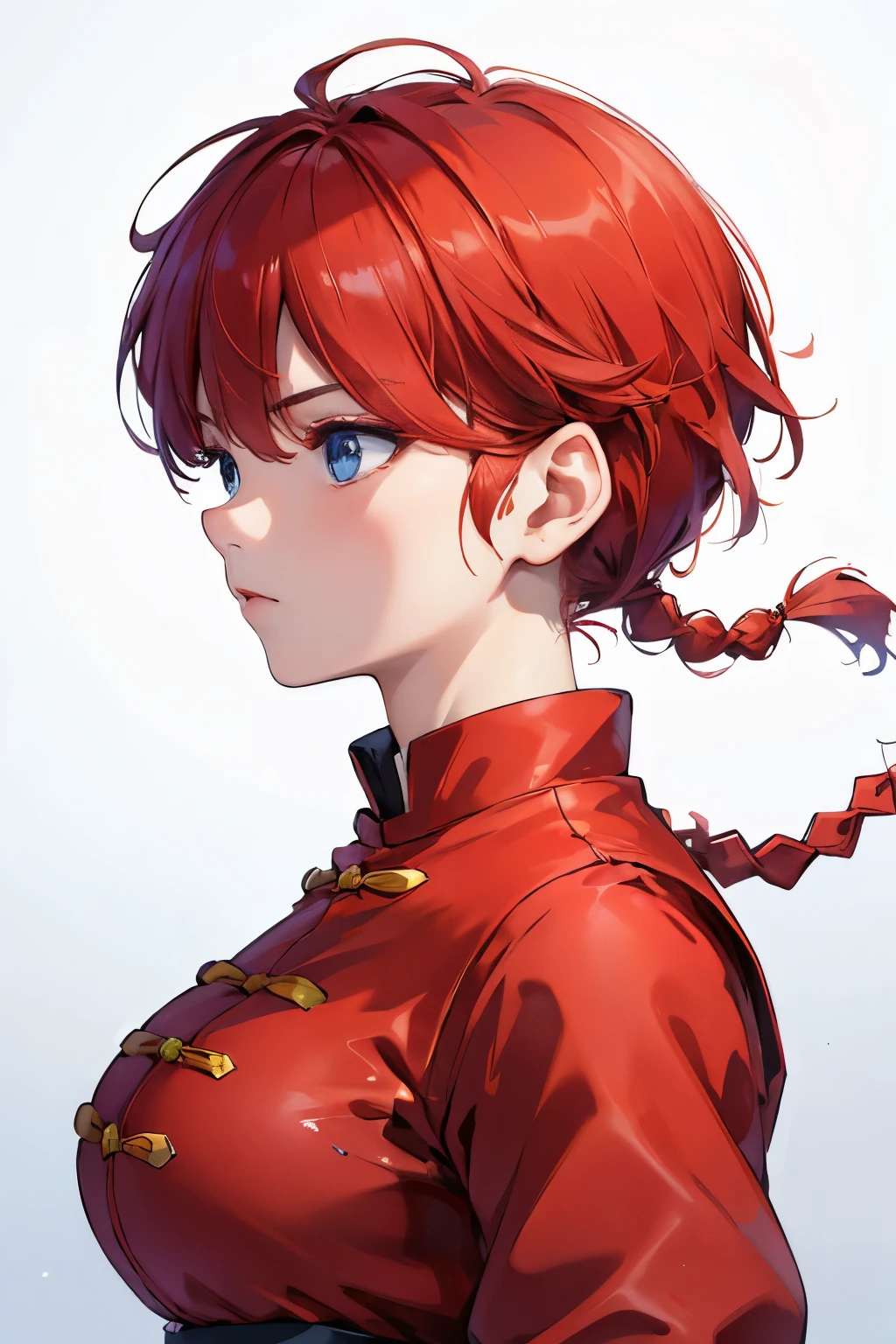 ((masterpiece)), high quality, very_high_resolution, large_filesize, full color, heavy outline, clear outline, colorful, (beautiful detailed eyes), (beautiful face:1.3), (boyish face:1.3), 1 girl, (femaleranma), (red hair), short hair, (braided ponytail), ((bangs)), bumpy bangs, blue-gray eyes, big breasts, curvy, femaleranma, braided ponytail, (red chinese clothes), sleeveless, tangzhuang, black pants, cameltoe, standing, upper body, ((from side:1.4)), ((portrait:1.8)), ((face focus:1.4)),