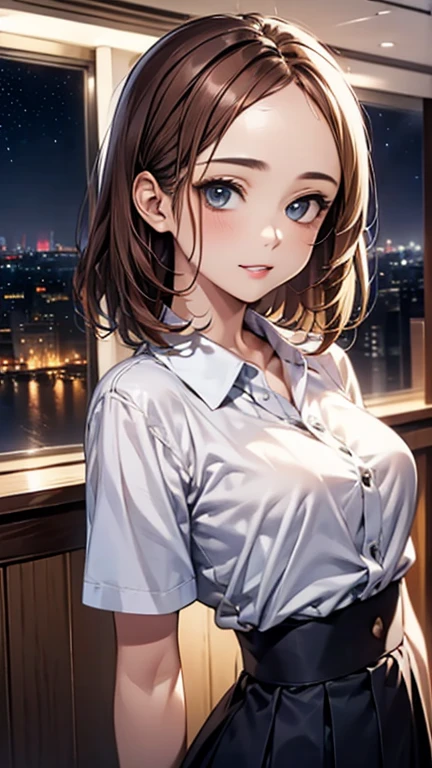 (Top quality masterpiece:1.2) Delicate illustrations, Very detailed, /Beautiful Japanese Woman、1 person,Very cute and slim、Excellent style 、((8K images、super high quality))、Very delicate face, Beautiful forehead、Beautiful thighs、Deep red lipstick,(((((Middle Hair、Brown Hair、Blonde hair))))),very cute、Kind eyes,(White shirt、skirt)、starry skies、Tokyo night view、Cafe、Date