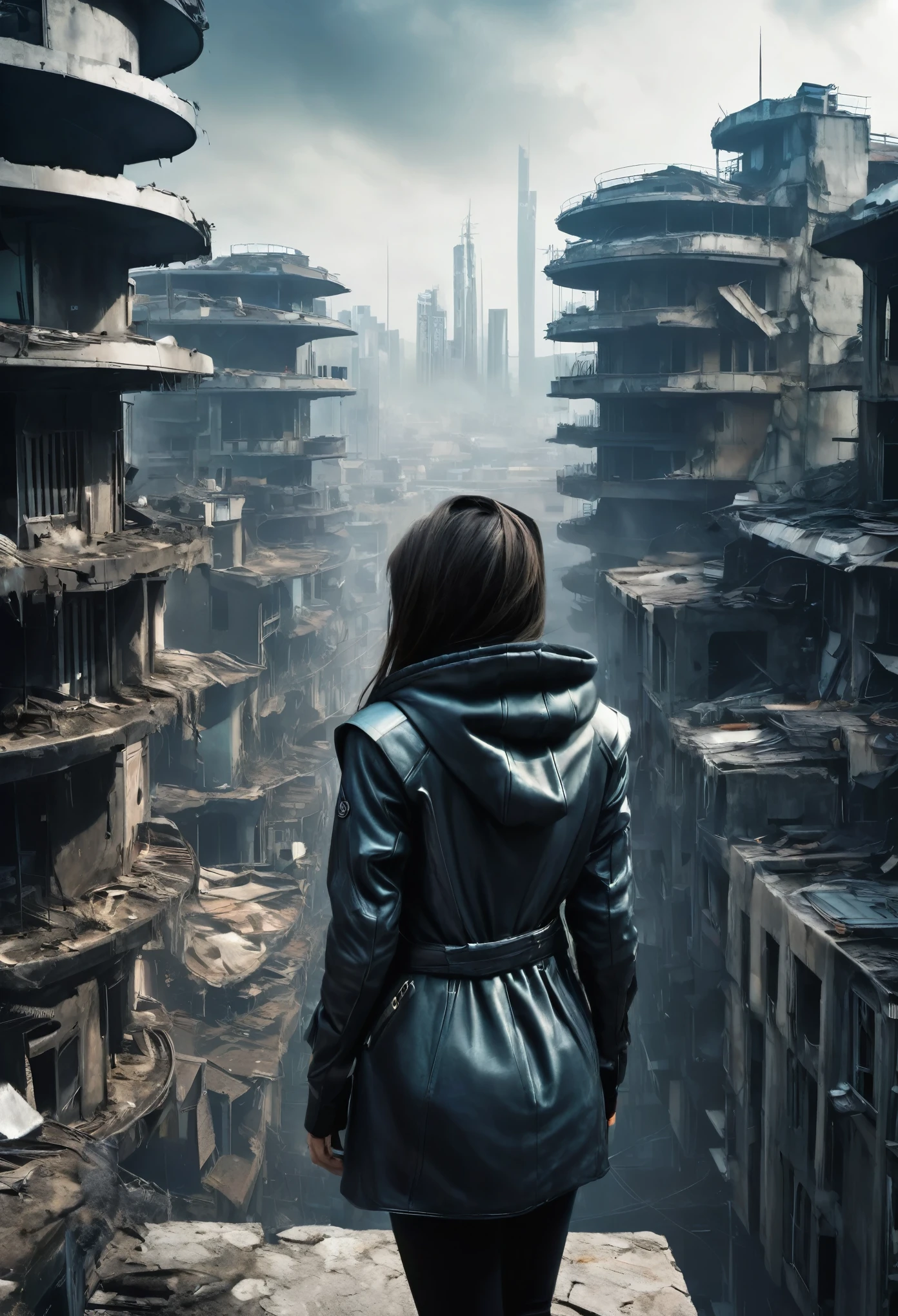 image taken from above and behind the shoulder of a GIRL with her back turned and DRESSED IN A HOOD from a second floor balcony of a dilapidated futuristic building, She is looking at an aerial view of an ultra-futuristic North American megalopolis, distopia, lixo nas ruas, curved buildings in ruins, apocalypse moderno, view of the entire city with many wide, cylindrical buildings and metal houses in dark colors from dark blue to black and in ruins, the apocalyptic city has shades of metal gray, has smoky metal structures , apocalyptic industrial environment with smoke and fog around, carros escuros nas ruas, tem viadutos largos e longos e bifurcados no meio da cidade, desert megalopolis, trilhos e trens modernos de de metal passando estre as ruas da cidade, tall futuristic metal buildings, many ultra modern buildings around, , as realistic as possible, As detailed as possible, imagem realista, Science fiction
