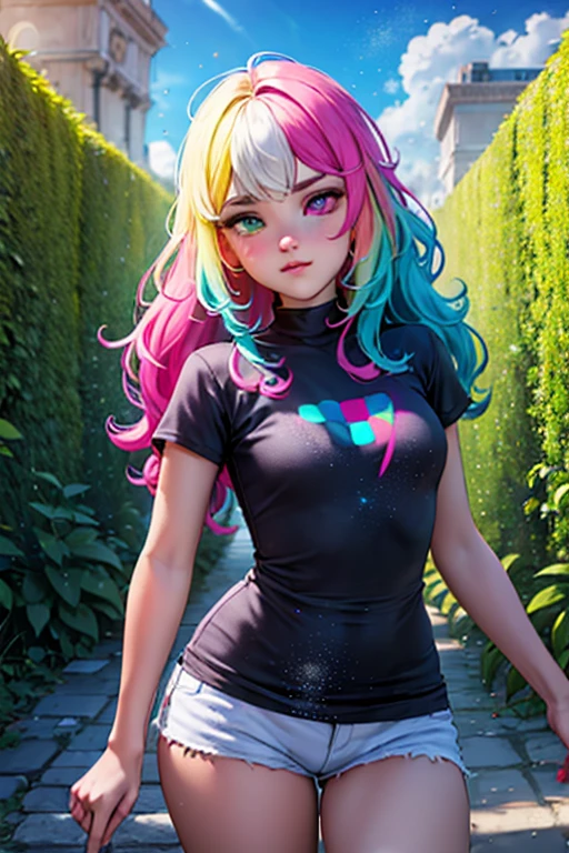 {{work of art}}, best qualityer, Extremely detailed CG 8k unity wallpaper, cinematic lighting, Lens flare, beautiful and detailed eyes, blackw,  side look,  multicolored hair, colorfully light, particles, heterochromia, (colorfully:1.5), (colorfully hair:1.5),