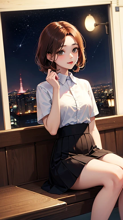 (Top quality masterpiece:1.2) Delicate illustrations, Very detailed, /Beautiful Japanese Woman、1 person,Very cute and slim、Excellent style 、((8K images、super high quality))、Very delicate face, Beautiful forehead、Beautiful thighs、Deep red lipstick,(((((Middle Hair、Brown Hair、Blonde hair))))),very cute、Kind eyes,(White shirt、skirt)、starry skies、Tokyo night view、Cafe、Date