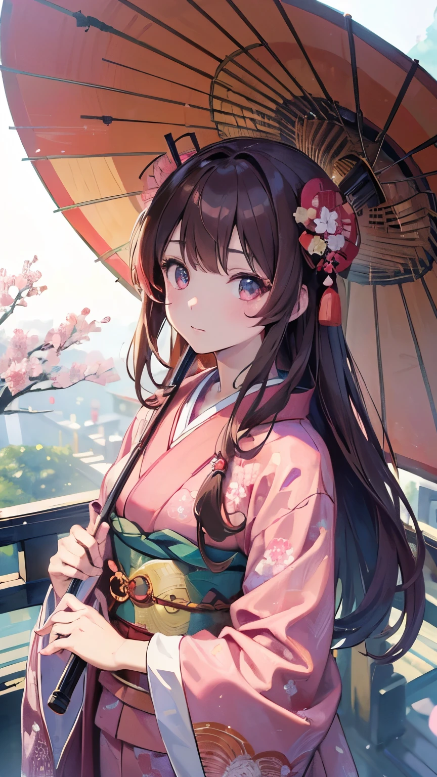 ((Best quality, 8k, Masterpiece: 1.3)), Highly detailed face and skin texture, Detailed eyes, traditional Japanese kimono, pink kimono, long-sleeved kimono, brown hair, long hair, kanzashi, from above, (holding a Japanese umbrella), at a shrine in Kyoto