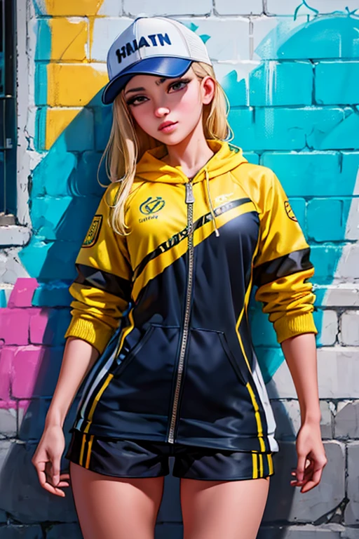 (best qualityer), work of art, extremely detailed 8K CG uniform illustration, high color, extremely high color saturation, all the colors deepened, paint, graffiti art, central composition, extremely detailed light and shadow, parede de graffiti, wall painted bright, 1 girl writing graffiti 1 girl looking at the wall, extremly detailed face and eyes, medium length hair, Sportswear, colorful clouds