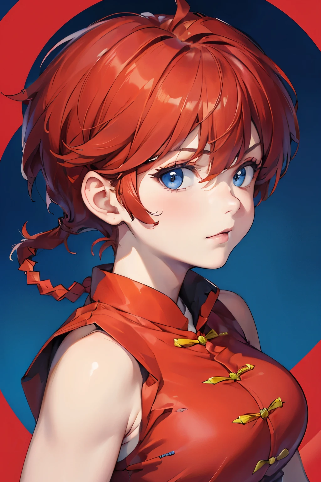 ((masterpiece)), high quality, very_high_resolution, large_filesize, full color, heavy outline, clear outline, colorful, (beautiful detailed eyes), ((beautiful face:1.0)), ((boyish face:1.4)), 1 girl, (femaleranma), (red hair), short hair, (braided ponytail), ((bangs)), bumpy bangs, blue-gray eyes, big breasts, curvy, femaleranma, braided ponytail, (red chinese clothes), sleeveless, tangzhuang, black pants, cameltoe, standing, upper body, ((from front:1.4)), ((portrait:1.8)), ((face focus:1.4)),