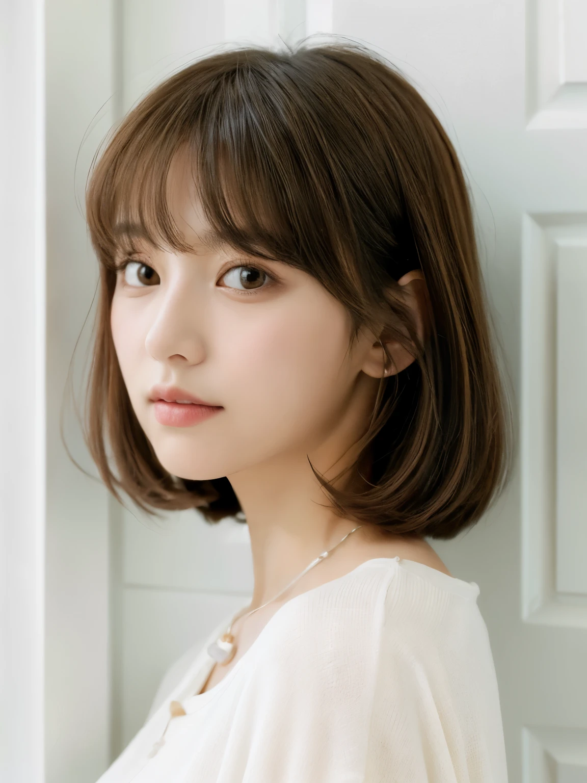 Close-up of a brown-haired woman in a white shirt, Shoulder-length hair, Shoulders - Length hair, Medium length hair, Curtain bang, Medium length hair, with short hair, Shoulder-length hair, White princess cut hairstyle, Korean symmetrical face, short～Medium Hair, Neat hairstyle with bangs、White wall、In front of a white door、((窓のあるWhite wallの部屋))、Various poses、Simple Necklace、Layered Cut、Don&#39;Don&#39;t look at the camera