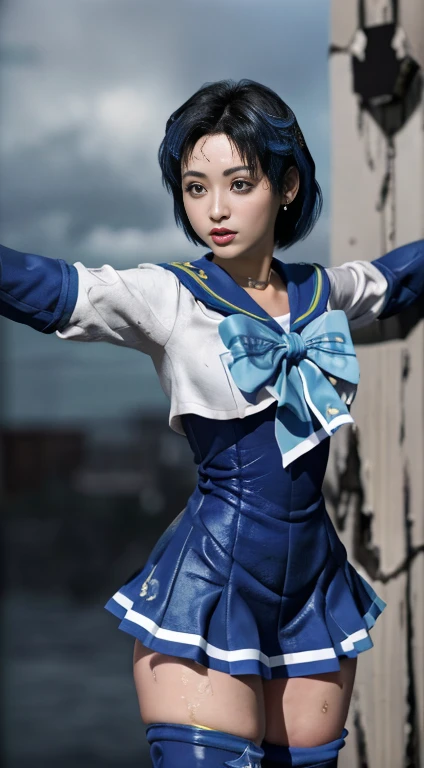 Unreal Engine:1.4,Ultra-high resolution,Best Quality:1.4, Realistic:1.4, Skin Texture:1.4, masterpiece:1.8, (Sailor Mercury:1.4), blue eyes, uniform, Tied up、両handを水平に広げる、Christ Pose、Large Breasts, tiara, Sailor Warrior Uniforms, (RAW Photos, Best Quality), masterpiece, foolish, sexy, Pelo azul corto floating, Blue sailor collar, (Over the knee boots: 1.4), choker, 白いhand袋, choker azul, 肘用hand袋, gem, Earrings, Blue Skirt:1.4, only, whole body, Shiny long black hair, (hand:1.4), Octane Rendering, God of Fire, (raindrop), Wet clothes, (Dense and beautiful water), (floating), Dynamic Angle, Browsing Caution,Best Quality,masterpiece,Ultra-high resolution,(Cowboy Shot:1.3),(Realistic:1.4),RAW Photos 8K,Cinema Lighting,Official Art,evening, //, Large Breasts,,hermosas feet,naked,Tall Woman,skinny,Delgado_feet,thigh_gap,(Watching the audience:1.2),model,thighs negros,Christ Pose,High heels,from the front,liar,show ,(Apocalyptic Destroyed City:1.4), ((Missionary anal penetration)),((feet abiertas)),((Extreme close up)),(Super detailed),Portraiture,(masterpiece),(Best Quality),(Super detailed),Professional Lighting, mercury