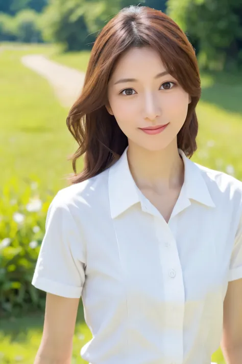 skinny japanese 40s woman, good wife, cute face, detailed face, detailed eyes, neat and clean, short-sleeve white shirt, walking...