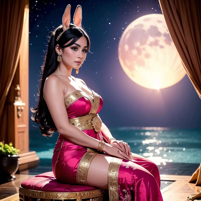 The art depicts a charming woman dressed in a flowing, silky traditional oriental dress, pink, decorated with intricate patterns and bright colors. Showing Big round ass, Her dress drapes elegantly over her curvy figure, accentuating her seductive silhouette. She stood gracefully in the quiet moonlit night, bathed in the soft glow of the moonlight. The scene exudes an ethereal and dreamy atmosphere, with a touch of mystery and sexiness. The graphic style blends watercolor and digital illustration techniques to evoke a refined beauty and charm. The lights are filled with soft moonlight, casting soft highlights and shadows on her charming features. Bare thighs, big breasts, three-dimensional facial features, sitting, upturned legs, clear eyes,full body, black hair,rabbit ears