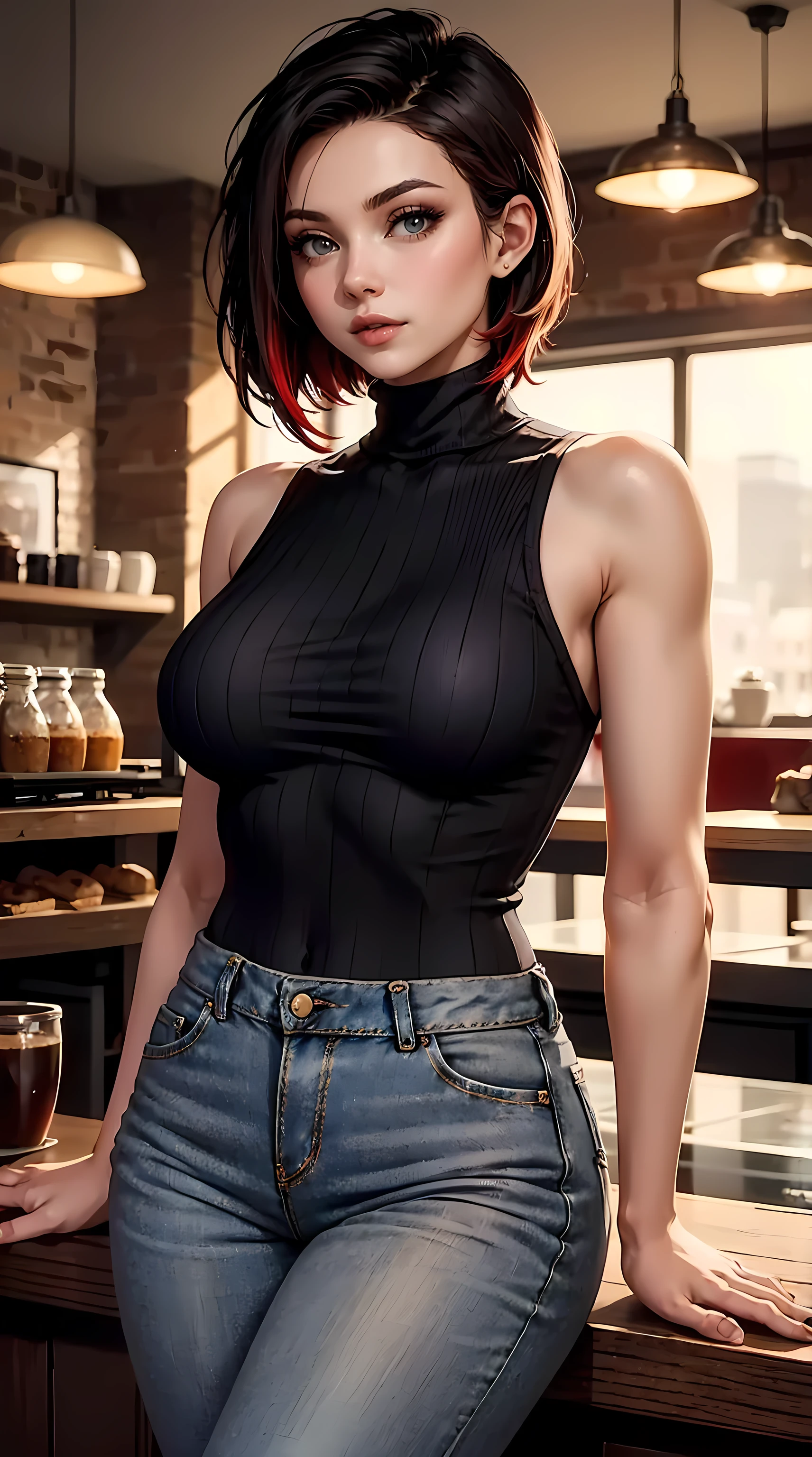Beautiful short hair brunette woman is shown to have a sexy figure, she is wearing a sexy turtleneck sleeveless sweater and jeans, cozy look, red highlights, gray eyes, girl in a coffee shop ,sexy session, sexy pose, cowboy shot, superior quality, many details, realistic