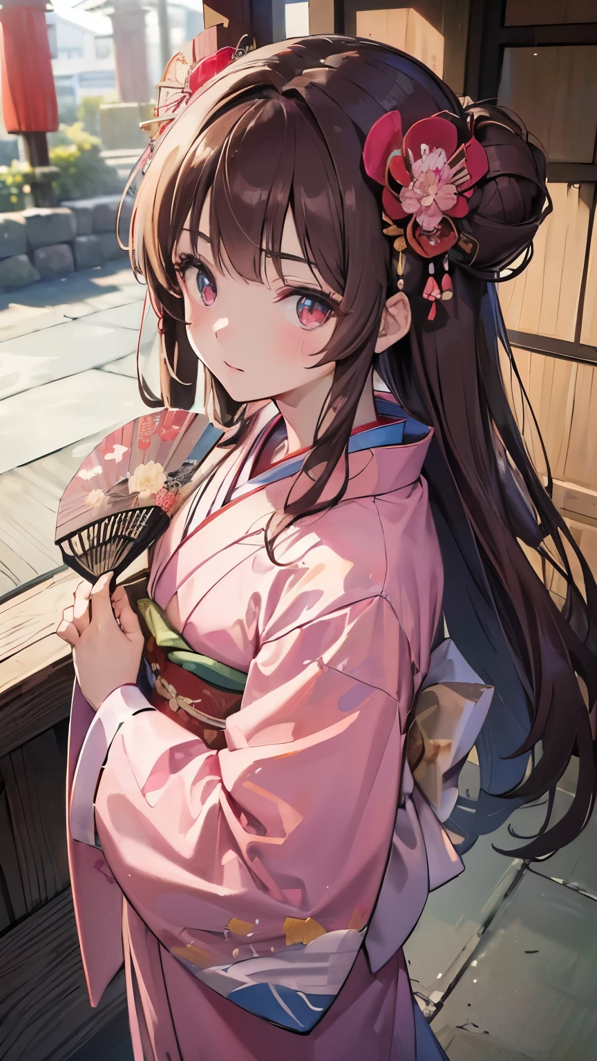 ((Best quality, 8k, Masterpiece: 1.3)), Highly detailed face and skin texture, Detailed eyes, traditional Japanese kimono, pink kimono, long-sleeved kimono, brown hair, long hair, kanzashi, from above, (holding a handheld fan), at a shrine in Kyoto