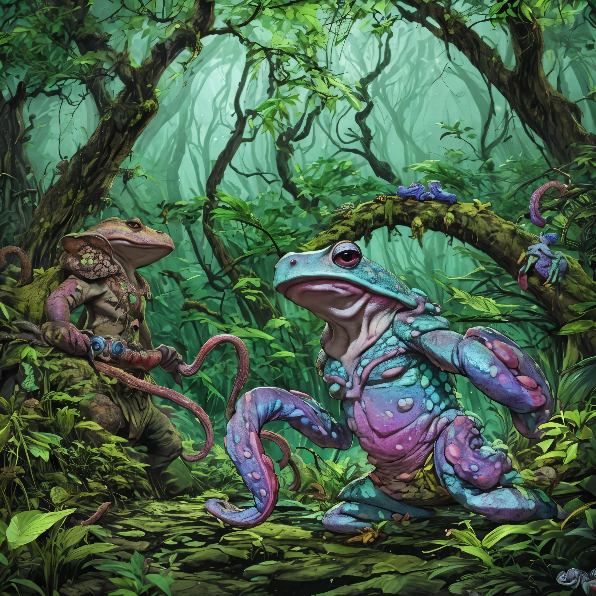 (A creepy toad, enormous, brightly colored, tentacle tongue) stalks through an ancient forest