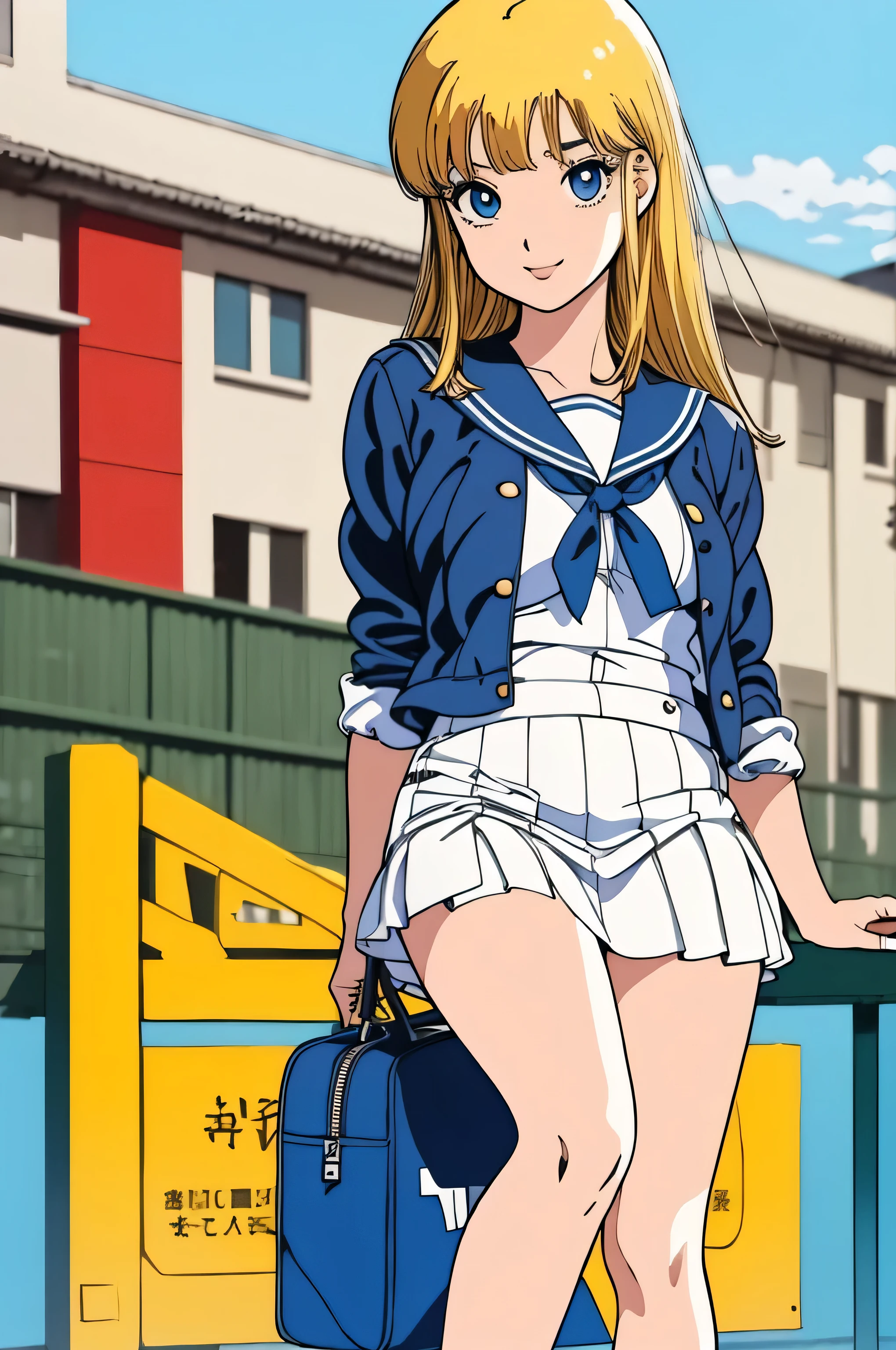 (Masterpiece Anime, Retro art style, Clean brush strokes, Very detailed, Perfect Anatomy, Browsing Caution), City Background, (Above the knee shot), (hibarikun), １Girl, Eyebrows visible through hair, bangs, Blonde Hair, Blue eyes, (Sansakumaru:1.4), (Beautiful and realistic eyes:1.5), Confident々Smile, High Body, Long and beautiful legs, (Mid-chest:1.7), (Cute pose), (Sailor suit top), (Sailor suit miniskirt, Navy blue), Leather student bag,