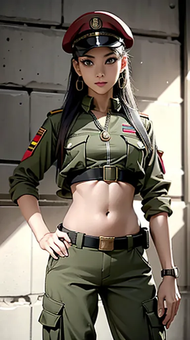 women in crop top soldier uniform, soldier hat, medal on the chest,  exposed abdomen area, very low waist cargo pants, navel pie...