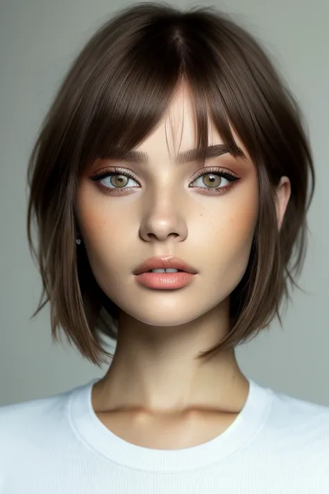 ViktoriaTishko, focus on eyes, close up on face, Clay color hair styled layered bob with bangs hair