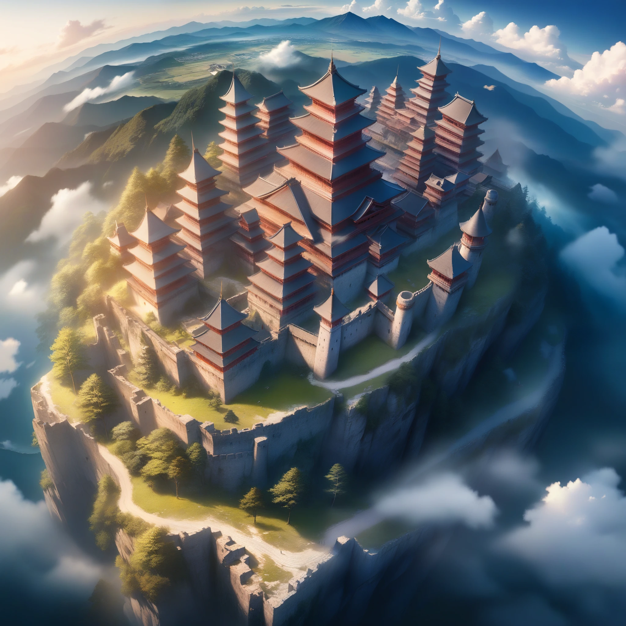 [mountain: cloud: 20]= [[mountain:cloud: 1],japan,ruin of castle, aerial view,(multiple exposure : 1.4),Aerial Shoot,morning glow,hyperrealistic,extremely detailed 8k CG,extremely detailed background,