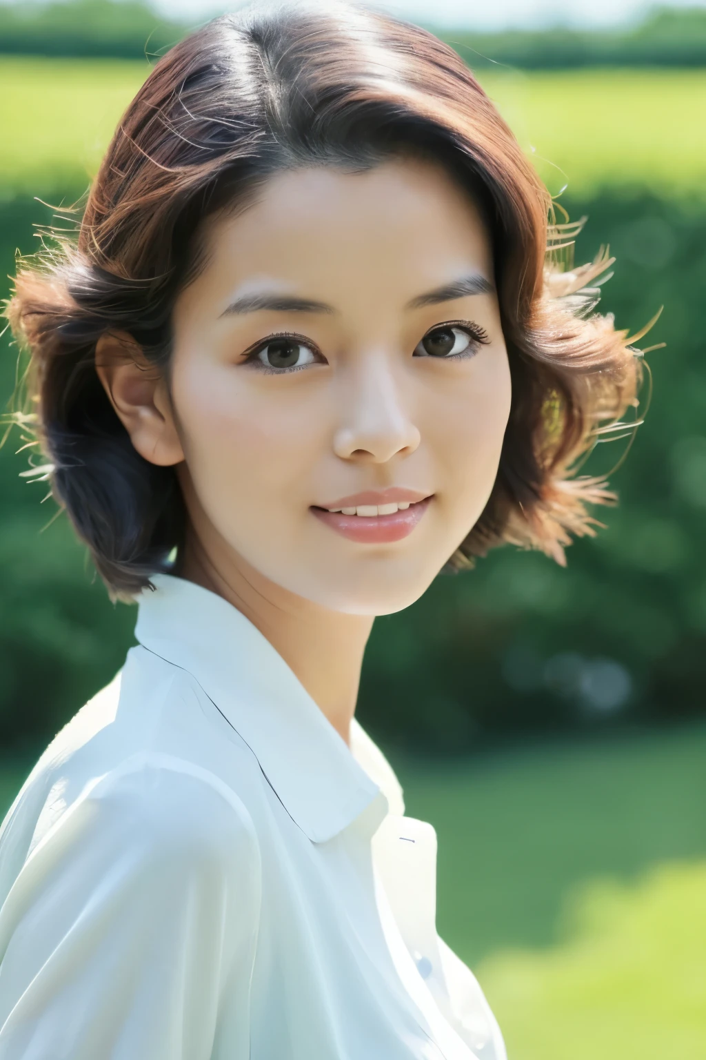 Femme japonaise mince de 40 ans, bonne épouse, visage mignon, Visage détaillé, yeux détaillés, Propre et net, chemise blanche à manches courtes, marcher le long de la rivière, Début de l&#39;été, beau temps, ciel clair, champs verts, portrait