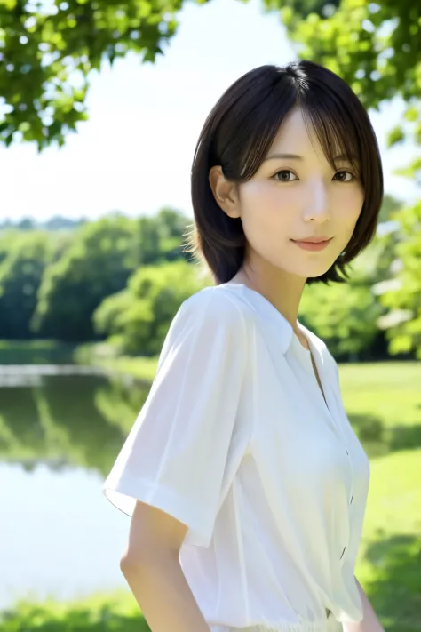 skinny japanese 40s woman, good wife, cute face, detailed face, detailed eyes, neat and clean, short-sleeve white shirt, walking...