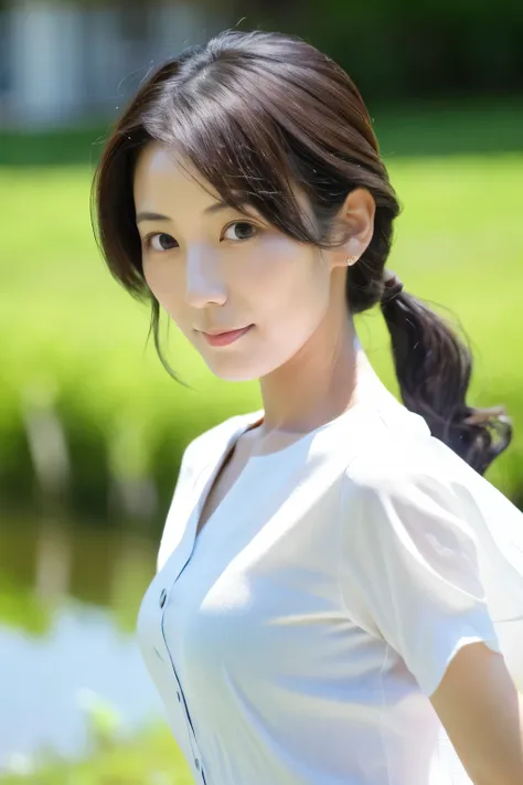 skinny japanese 40s woman, good wife, cute face, detailed face, detailed eyes, neat and clean, short-sleeve white shirt, walking...