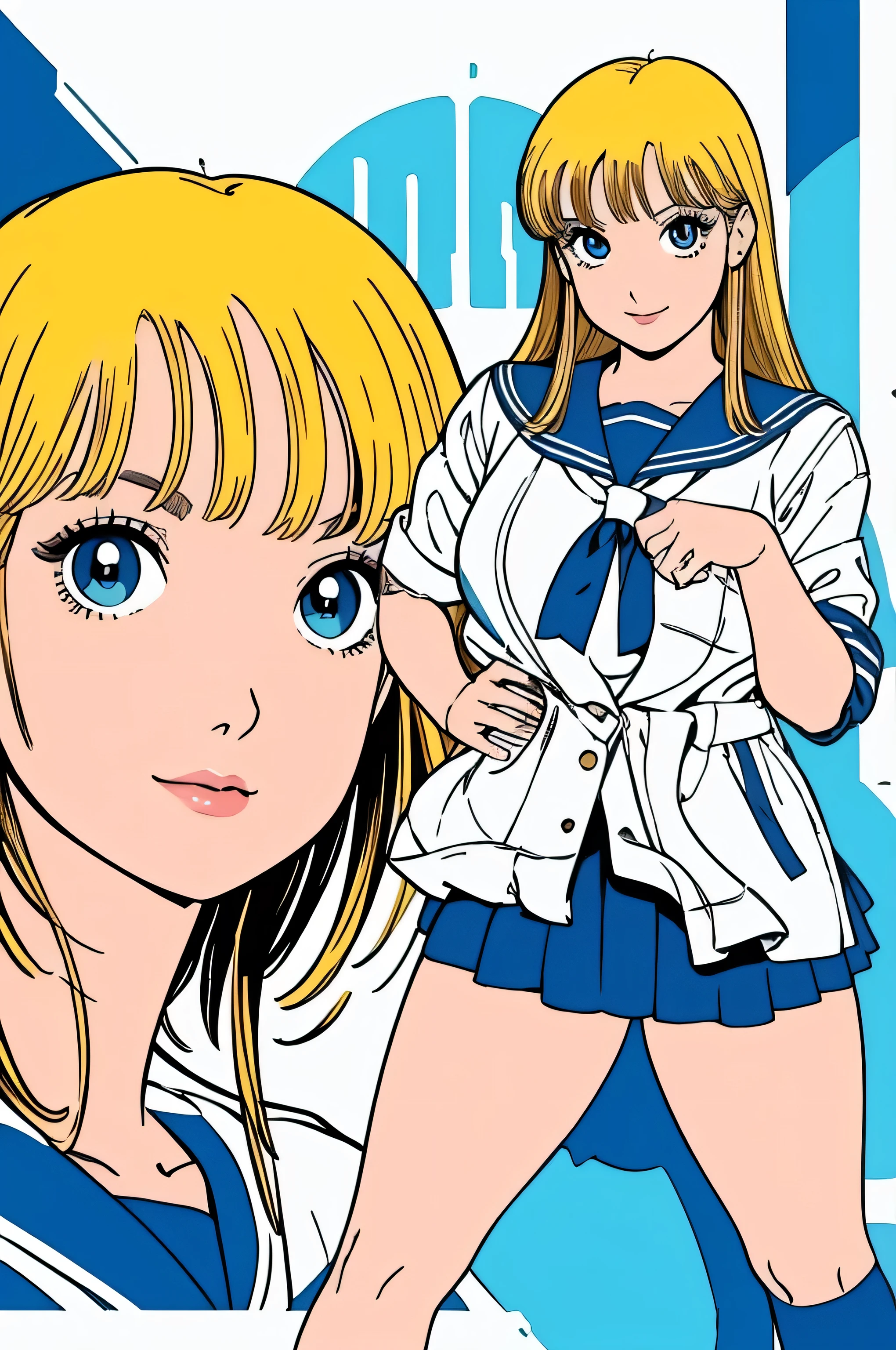 (Masterpiece Anime, Retro art style, Clean brush strokes, Very detailed, Perfect Anatomy, Browsing Caution), City Background, (Above the knee shot), (hibarikun), １Girl, Eyebrows visible through hair, bangs, Blonde Hair, Blue eyes, (Sansakumaru:1.4), (Beautiful and realistic eyes:1.5), Confident々Smile, High Body, Long and beautiful legs, (Mid-chest:1.7), (Cute pose), (Sailor suit top), (Sailor suit miniskirt, Navy blue), Leather student bag,