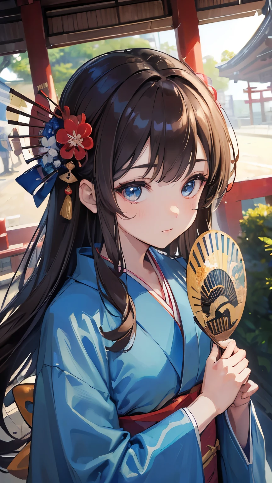 ((Best quality, 8k, Masterpiece: 1.3)), Highly detailed face and skin texture, Detailed eyes, traditional Japanese kimono, blue kimono, long-sleeved kimono, brown hair, long hair, kanzashi, from above, (holding a handheld fan), at a shrine in Kyoto