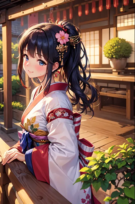 (High quality, High resolution, Fine details), Japanese Castle Towns, Kimono, solo, curvy women, sparkling eyes, (Detailed eyes:...