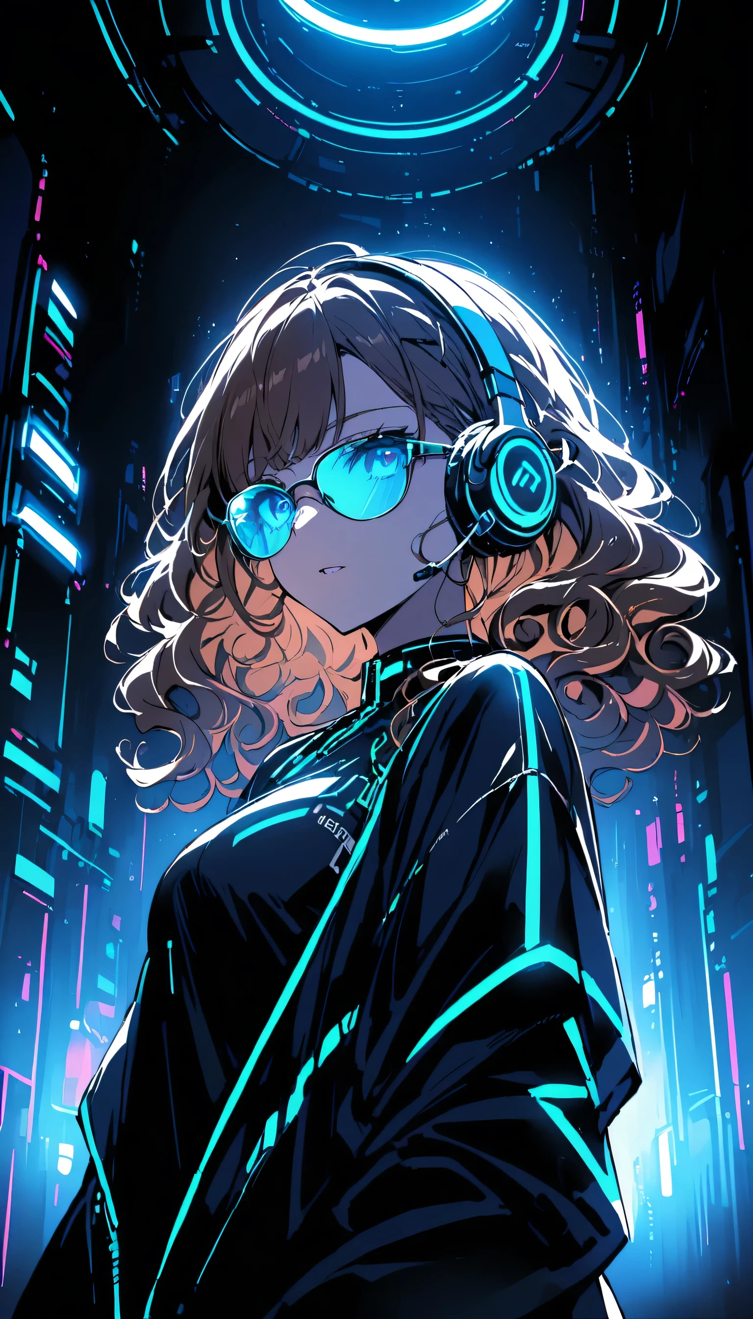 cheveux bruns . Belle femme aux cheveux bouclés et lunettes de soleil、Écouteurs pleine grandeur（Écouteur ou surround）porter、Lueur de néon du coordinateur du cyberpunk au néon la nuit dans une pièce sombre。