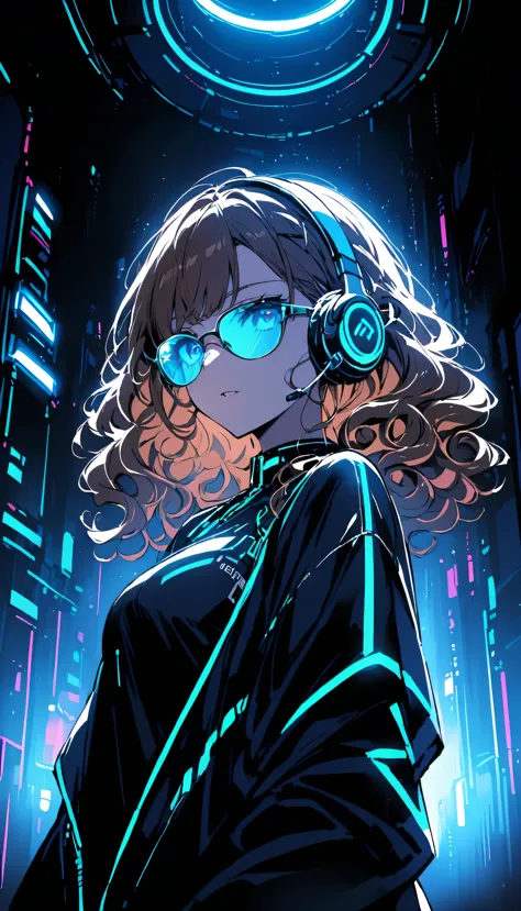 Brown Hair . Beautiful woman with curly hair and sunglasses、Full size headphones（Earpiece or surround）Wear、Neon glow of neon cyb...