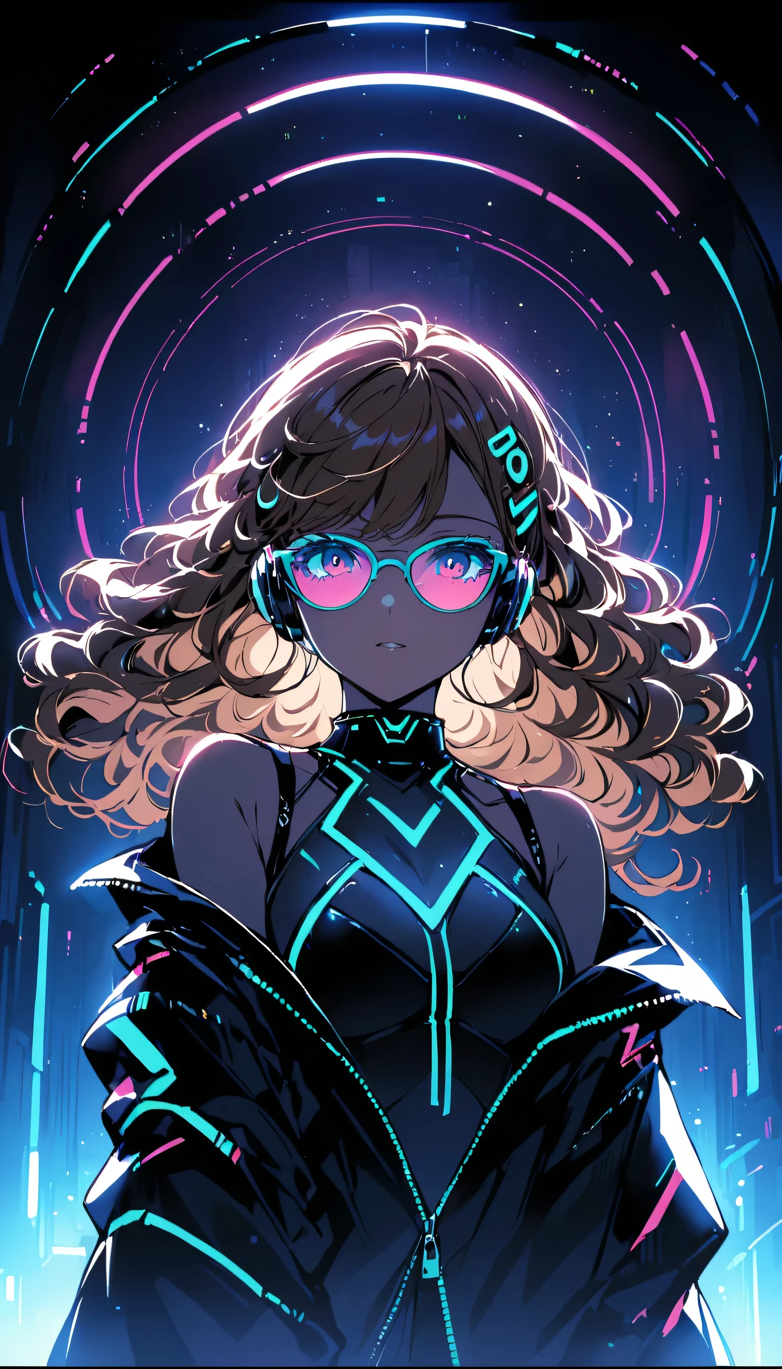 Brown Hair . Beautiful woman with curly hair and sunglasses、Full size headphones（Earpiece or surround）Wear、Neon glow of neon cyberpunk coordinator at night in a dark room。