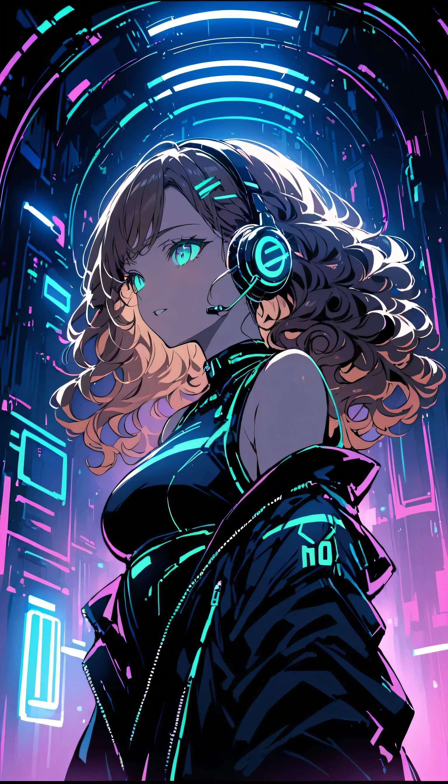 cabelo castanho . Linda mulher com cabelos cacheados e óculos de sol、fones de ouvido de tamanho completo（Fone de ouvido ou surround）vestir、Brilho neon do coordenador cyberpunk neon à noite em um quarto escuro。