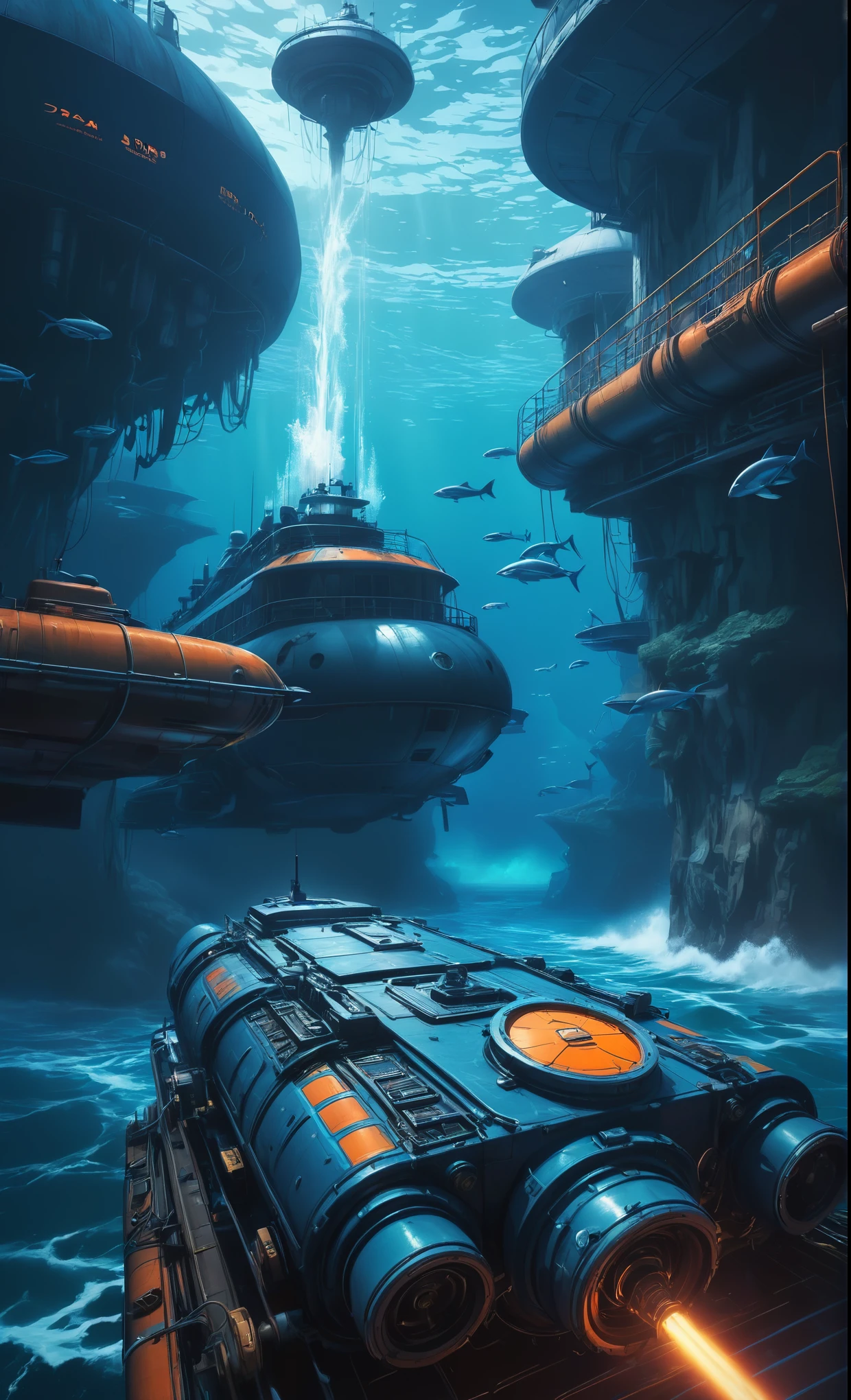 A painting of a submarine floating in the ocean with a submarine in the ...