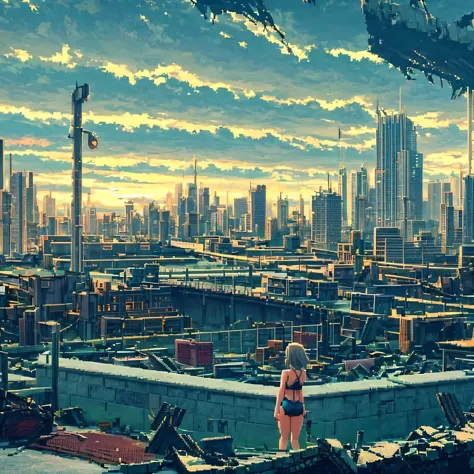 (girl in a swimsuit walking), towards the dark and destroyed city, with a slight touch of lighting, anime style landscape, sligh...