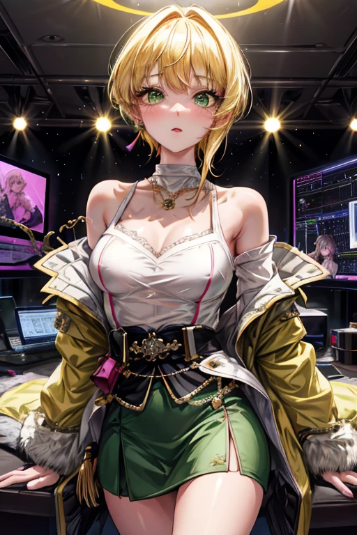 Tabletop, highest quality, Cowboy Shot, Blonde、Yellow-green eyes、Shortcuts、
One Girl, Mid-chest, blush, No sleeve,jewelry, View your viewers, skirt, necklace, alone, sweater, Off the shoulder, Jacket, No sleeve sweater, ミニskirt, Medium Hair, Confident wealthy woman standing in front of the camera, Staring into the lens, Surrounded by a lively recording studio with flashing lights, ,In the style of the star art group Xing, 32k, highest quality, Tabletop, Super Detail, Attention to detail,Video Girls、Display on monitor、(((throw))),(((Girl Through the Monitor)))、(((Smartphone Video)))