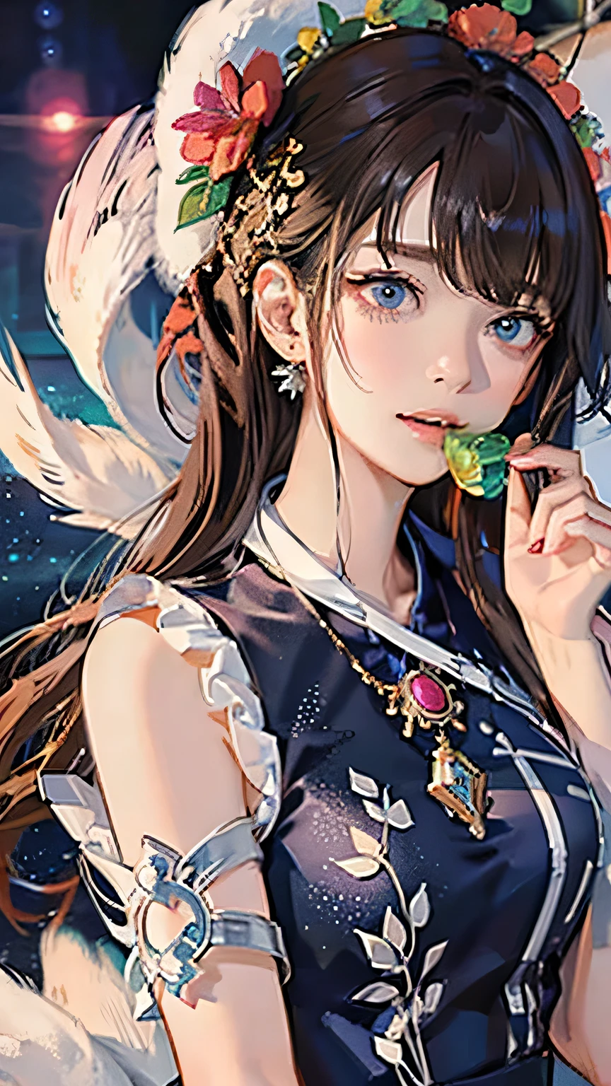 (highest quality, High resolution), Glowing Eyes, Delicate facial features, Vibrant colors, Dreamy atmosphere, Fantasy Theme, Floral Background, Graceful Movement, Detailed clothing, loose fitting dress, Elegant fashion, Magic lighting, Mysterious Aura, Heavenly Beauty, Magic thread, Whimsical elements,