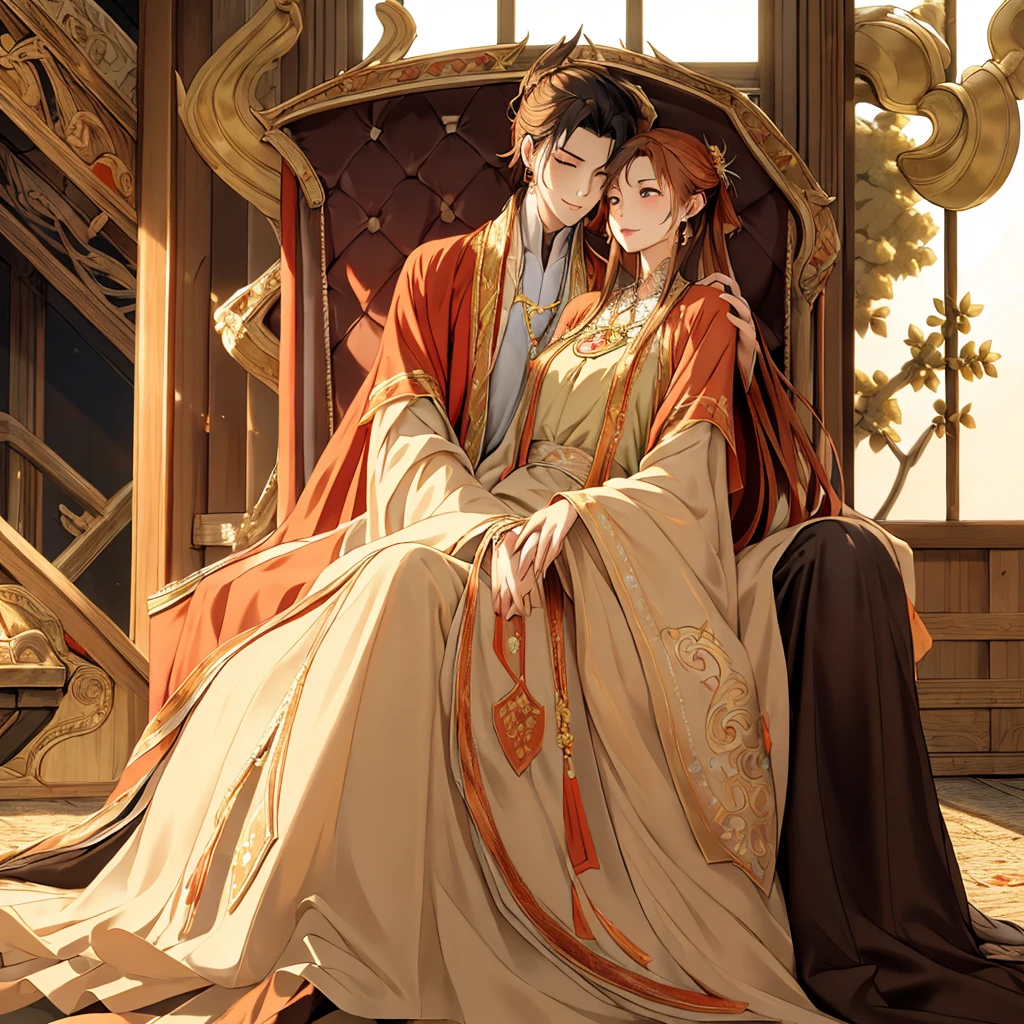 ((mais alta qualidade)), ((obra de arte)), (detalhado), Rosto Perfeito、Yuuki Asuna、cabelo castanho、Hanfu、（Segurando o bebê）、（amamentação）、Bordado lindo、Abraçando um homem、(Um homem e uma mulher sentam-se lado a lado em uma grande, trono luxuoso em um palácio)、Linda coroa de fênix、A mulher está vestindo um lindo traje de corte.、A mulher tem uma cara feliz、ornamento de cabelo lindo、Brincos、colar、pulseira、Acessórios de luxo、A mulher é a imperatriz、O homem é o príncipe、Homem abraça mulher
