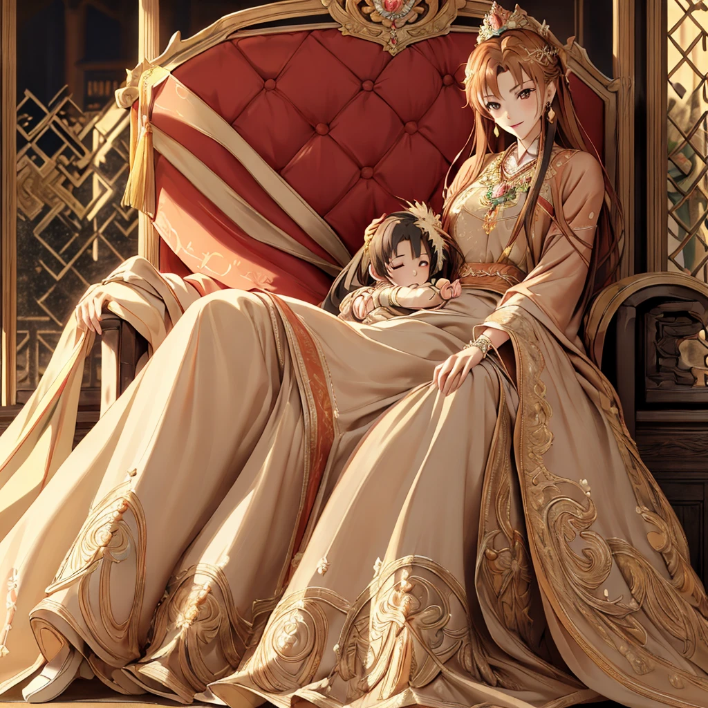 ((highest quality)), ((masterpiece)), (detailed), Perfect Face、Yuuki Asuna、Brown Hair、Hanfu、（Holding the baby）、（Breastfeeding）、Gorgeous embroidery、cuddling with a man、(A man and a woman sit side by side on a large, luxurious throne in a palace)、Gorgeous Phoenix Crown、The woman is wearing a gorgeous court costume.、Woman has a happy face、Gorgeous hair ornament、Earrings、necklace、Bracelet、Luxury accessories、The woman is the empress、The man is the prince、Man hugs woman