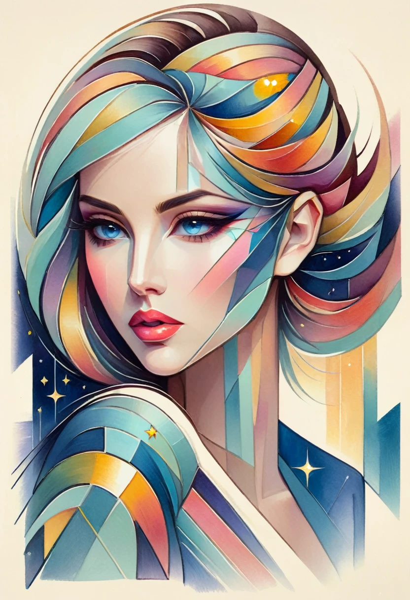 (best quality,actual,high resolution:1.2),pastel tones, painting,Impressionist strokes,from cubism, Fauvism to Surrealism and Abstraction, Beautiful and delicate eyes of a woman,Beautiful and delicate lips,flowing hair, Their artistic concepts and patterns are reflected in the clothing design.starry sky background