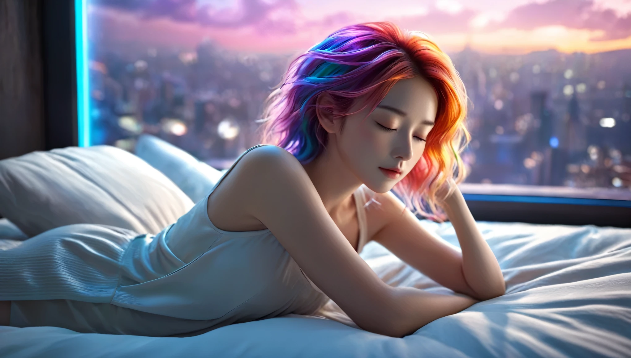 (best quality,8k,ultra-detailed:1.2),(CG,CG art,3D rendering),(masterpiece:1.2),(movie lighting,futuristic),(woman lying in bed,sleeping,closed eyes),(large window behind her,tranquil night),(colorful hair:1.5)
