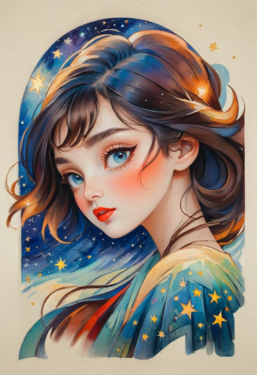 (best quality,actual,high resolution:1.2),pastel tones, painting,Impressionist strokes,from cubism, Fauvism to Surrealism and Abstraction, Beautiful and delicate eyes of a woman,Beautiful and delicate lips,flowing hair, Their artistic concepts and patterns are reflected in the clothing design.starry sky background