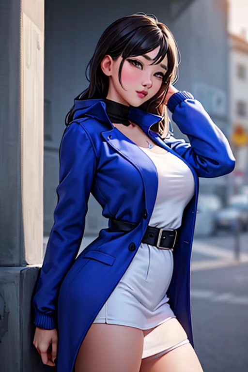 Asian woman in blue coat against wall, Close do rosto, Luz lateral