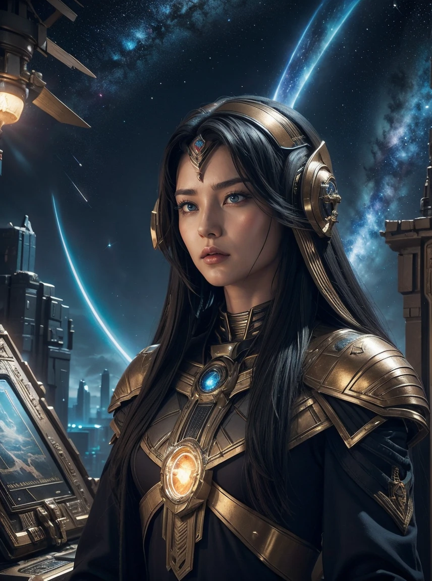 Long Hair Girl, Surrounded by stars and spaceships, Use oil painting techniques, highest quality, Very detailed, Realistic Style, Vibrant colors, studiowith lighting, Sword of Light, Space battleship in the background, Epic battle scenes, Futuristic Setting, Magnificent sky, Intense action, Dynamic pose, Powerful power, Space Battleship Combat, Space Fighter, Iconic Characters, Strong emotions, Galactic War