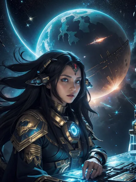 long hair girl, surrounded by stars and spaceships, use oil painting techniques, highest quality, very detailed, realistic style...