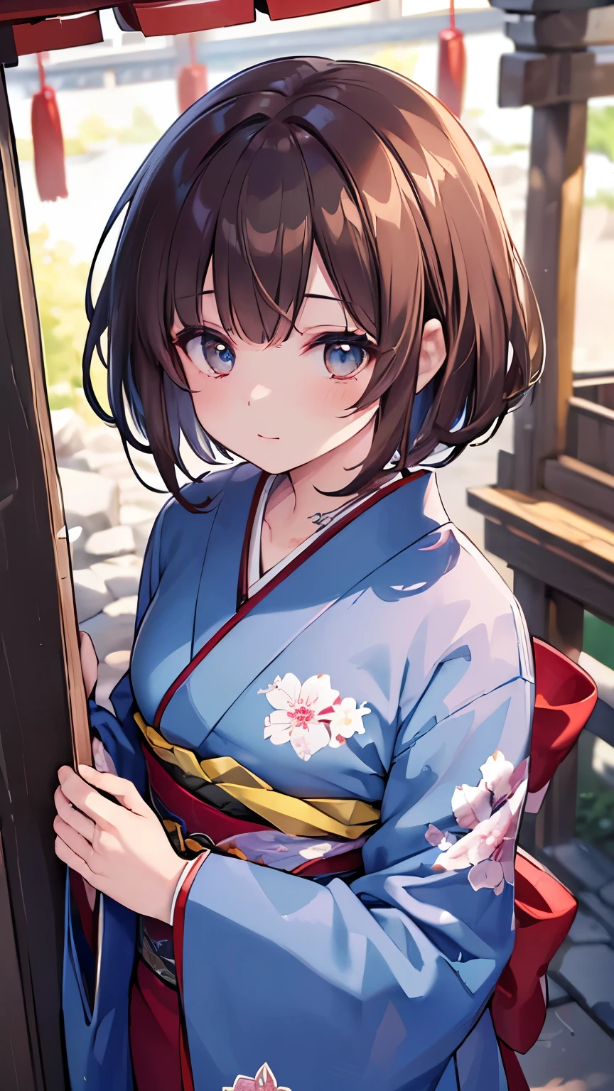 ((Best quality, 8k, Masterpiece: 1.3)), Highly detailed face and skin texture, Detailed eyes, traditional Japanese kimono, blue kimono, long-sleeved kimono, brown hair, short hair, kanzashi, from above, at a shrine in Kyoto