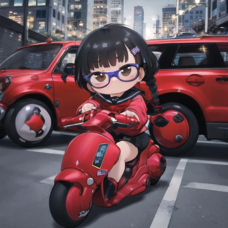 masterpiece,high quality, 1 girl,(serafuku:1.2)，Sitting，Lean back，Put your foot forward, 10-year-old female，Thick eyebrows，Droopy eyes, Baby Face，Round face，Big round eyes，Braiding, Short Pigtails, Blunt bangs，Black Hair，Glasses，Brown eyes，Very short stature，Very thin limbs，Sailor suit，mini skirt，kanedabike，Very small scooter，SF，cyber punk，Very low seat，SF，cyber punk,Low vehicle height,One step ahead,